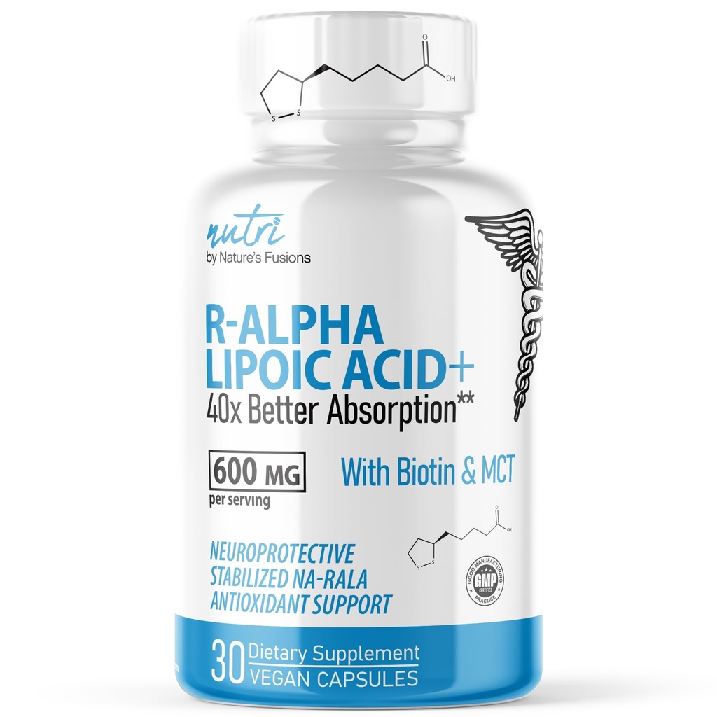 Nutri R Alpha Lipoic Acid 600 mg kapsuly - R Kyselina lipová Stabilizovaná s biotínom - aktívna forma R-ALA - 600 mg Klinické dávkovanie - Výkonný Cellular Energy Support - 30 Vegan Capsules - RALA