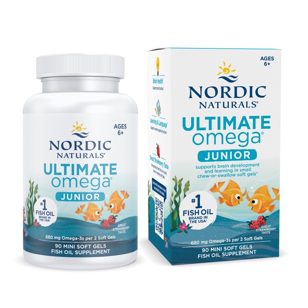 Nordic Naturals Ultimate Omega Jr., Strawberry - 90 Mini Soft Gels - 680 Celkom Omega-3s s EPA & DHA - Brain Health, Mood, Learning - Non-GMO - 45 Servings