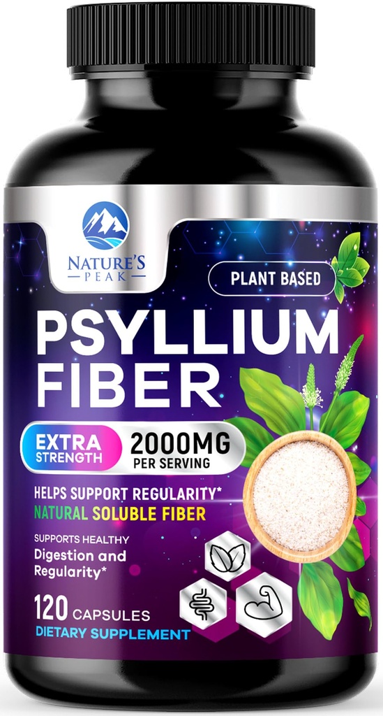 Psyllium Husk Fiber Supplement 1500mg - Vegan Prebiotic, Rozpustné Fiber pre Daily Tráviace zdravie a pravidelnosť Podpora, Prírodné Psyllium Powder Caps, bez cukru, Non-GMO & Gluten-Free - 120 Kapsule