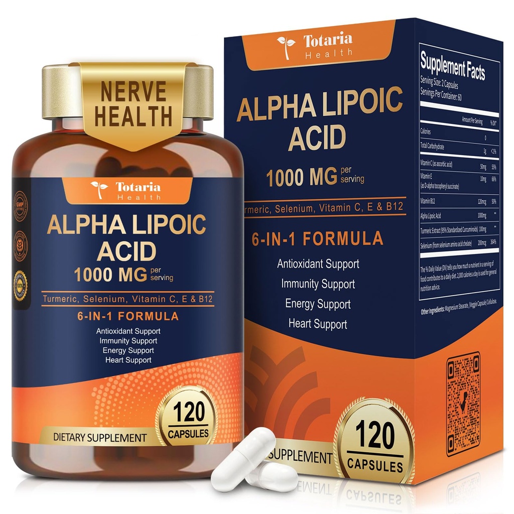 Totaria Alpha Kyselina lipoová 1000 mg - ALA doplnok Antioxidant pre neuropatiu Podpora Nervové zdravie, pečeň Detox, Antioxidant, Metabolizmus a bunková energia, Anti-Aging - non-GMO, Gluten zadarmo, Vegan Safe