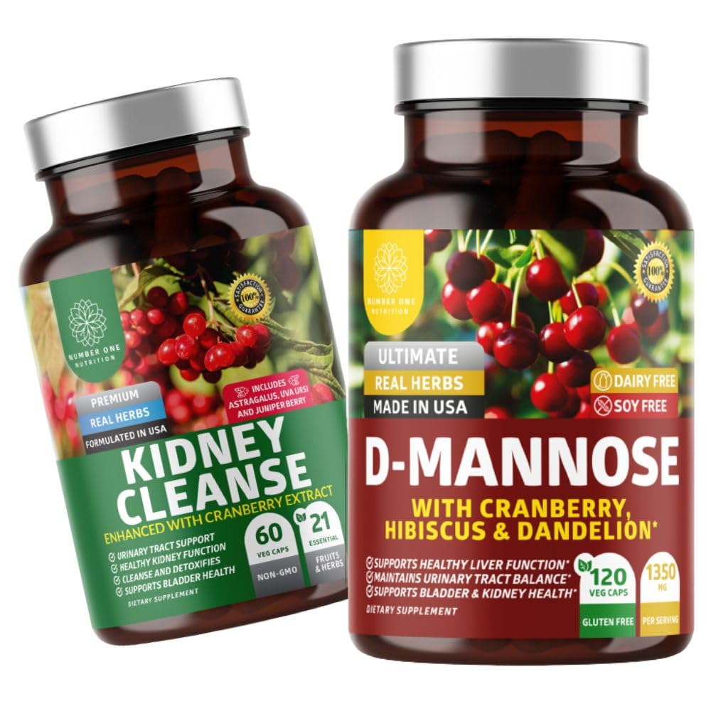Number One Nutrition N1N Premium D-Mannose [1350 mg] with Cranberry & Hibiscus and Kidney Cleans [21 Potent Herbs] with Cranberry Extract, Astragalus, Uva Ursi, 2 Pack Bundle