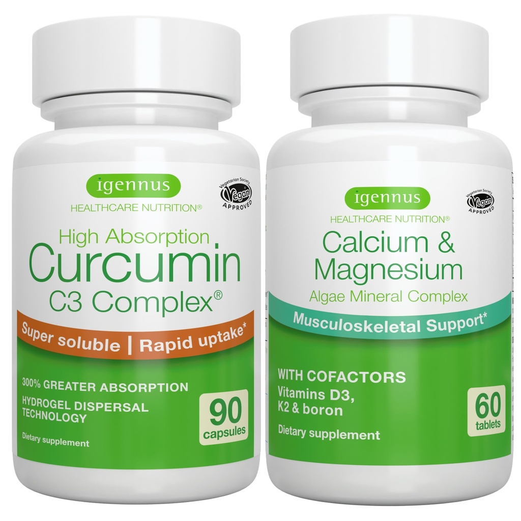 Riasy kalcium a horčík komplex + vysoká absorpcia Curcumin C3 komplex, Vegan Bundle pre kosti, kĺby a zotavenie z cvičenia, Igennus