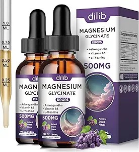 (2 balenia) Magnézium Glycinate Tekuté kvapky 500mg, s vitamínom B6, Ashwagandha, L - Theanine, harmanček, horčík Glycinate Supplement Vysoká absorpcia pre spánok, Stres, Energy Mood - Hroznová príchuť