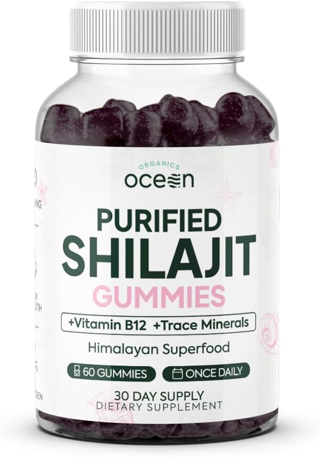 Organics Ocean Shilajit pre mužov a ženy - Prírodný doplnok s vitamínom B12, Chróm a selén pre vek-Umieranie, Energia, Hormón podpora a viac - 60 Shilajit Gummies