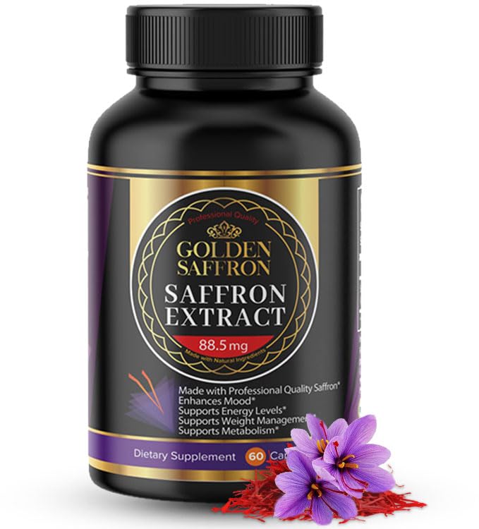 Golden Saffron Extract Kapsule - Premium Saffron Doplnky - 88.50 mg Pure Saffron Pills - Podpora nálady - Podpora očí - Emocionálna rovnováha, Focus & Eye Health Made in The USA - 60 Kapsule