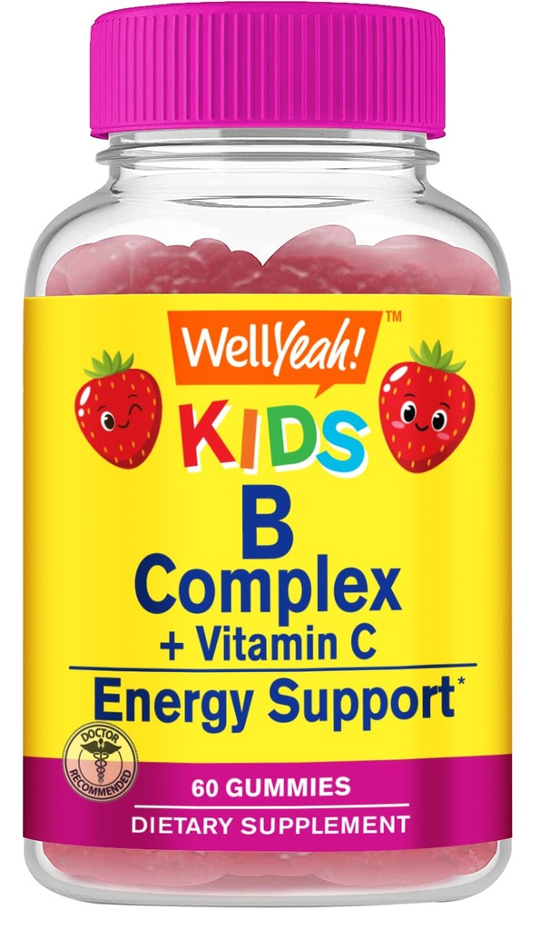 Dobre. Áno B komplexné Gummy pre deti - s vitamínom C, niacínom, vitamínom B6, kyselinou listovou, vitamínom B12, biotínom a kyselinou pantoténovou - 2 mesiace - Jahodová príchuť - Non GMO, bez lepidla - 60 Gumímies