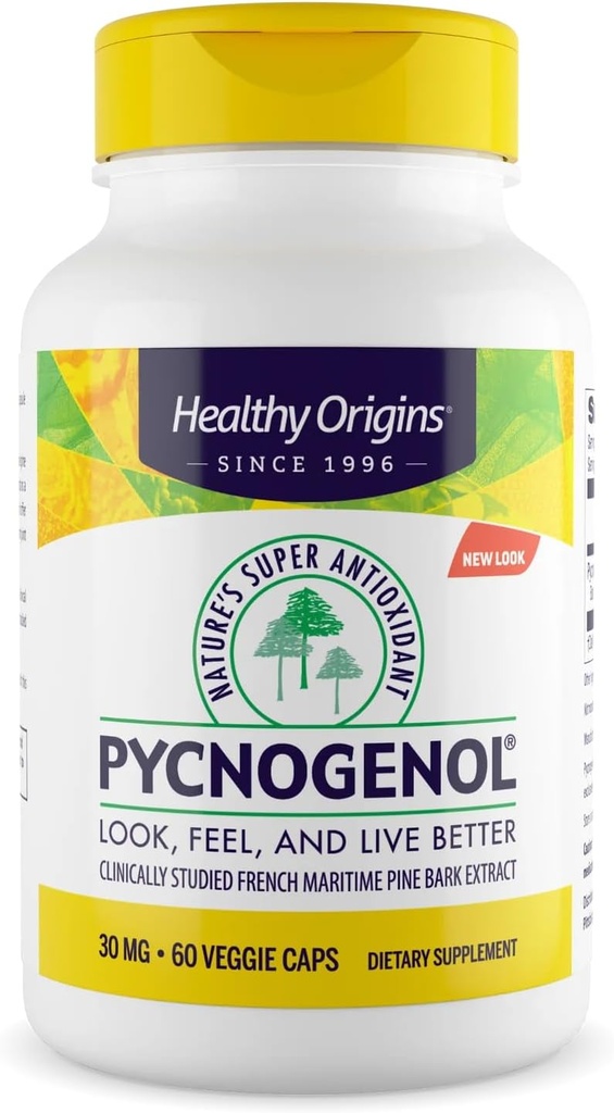 Zdravý pôvod Pycnogenol 30 mg (Nature Super Antioxidant, Non-GMO, Gluten Free, Kardiovaskulárna podpora), 60 Veggie Caps