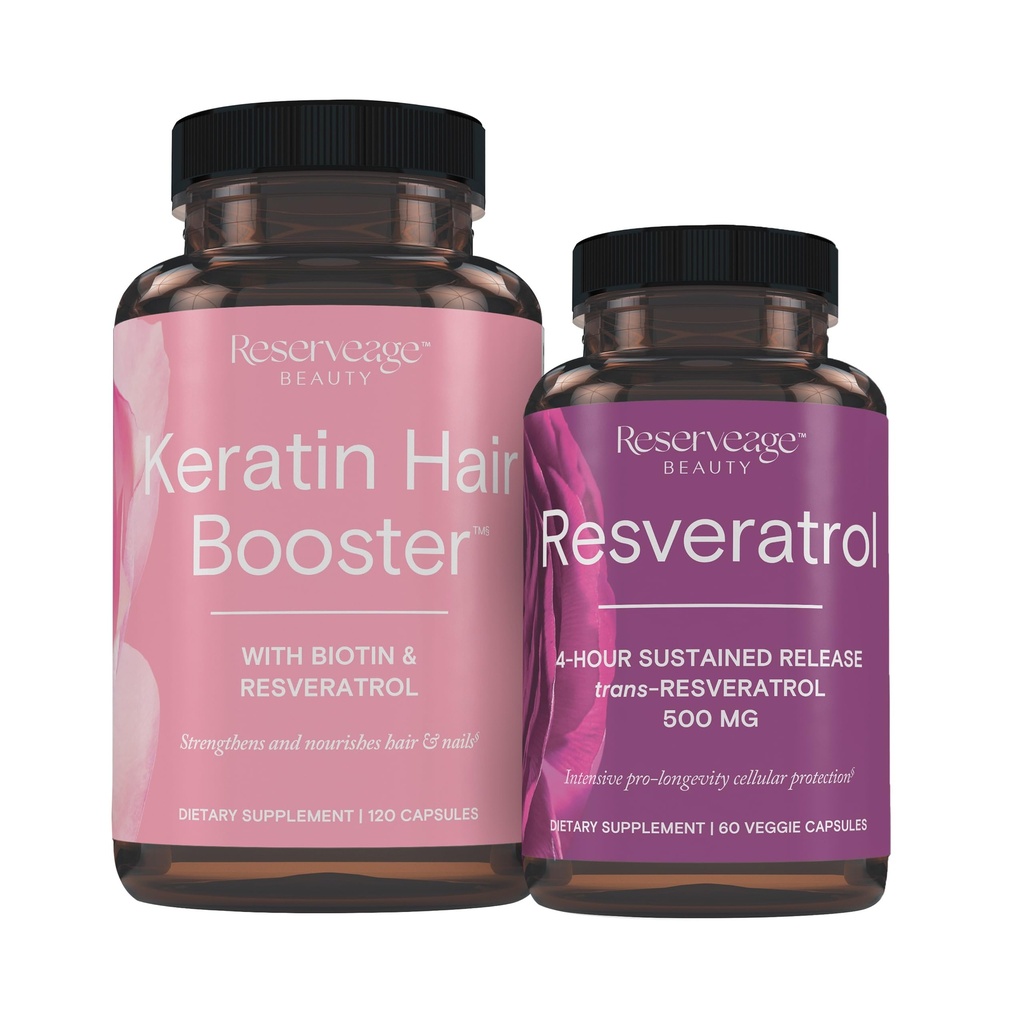 Rezervácia Nutrition Keratin Hair Booster s Biotinom a Resveratrolom, Vlasy a nechty rast doplnok, 120 Kapsule (60 Servings) & Resveratrol 500 mg, Podporuje zdravý starnutie a imunitný systém