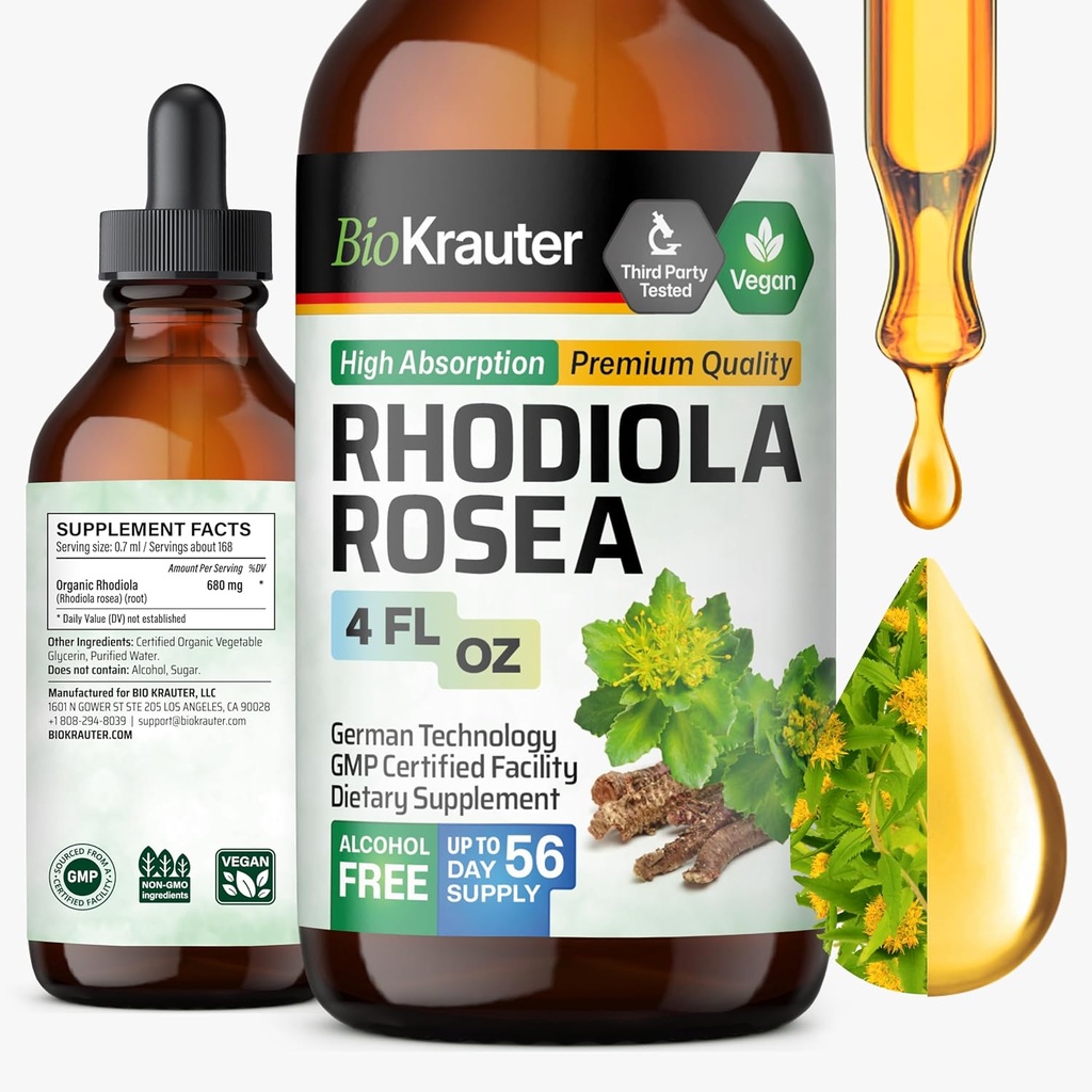BIO KRAUTER Rhodiola Supplement Liquid - Pure Rhodiola Rosea Tinktúra pre podporu pokoja - alkohol a cukor bez extraktu - 4 Fl.Oz.