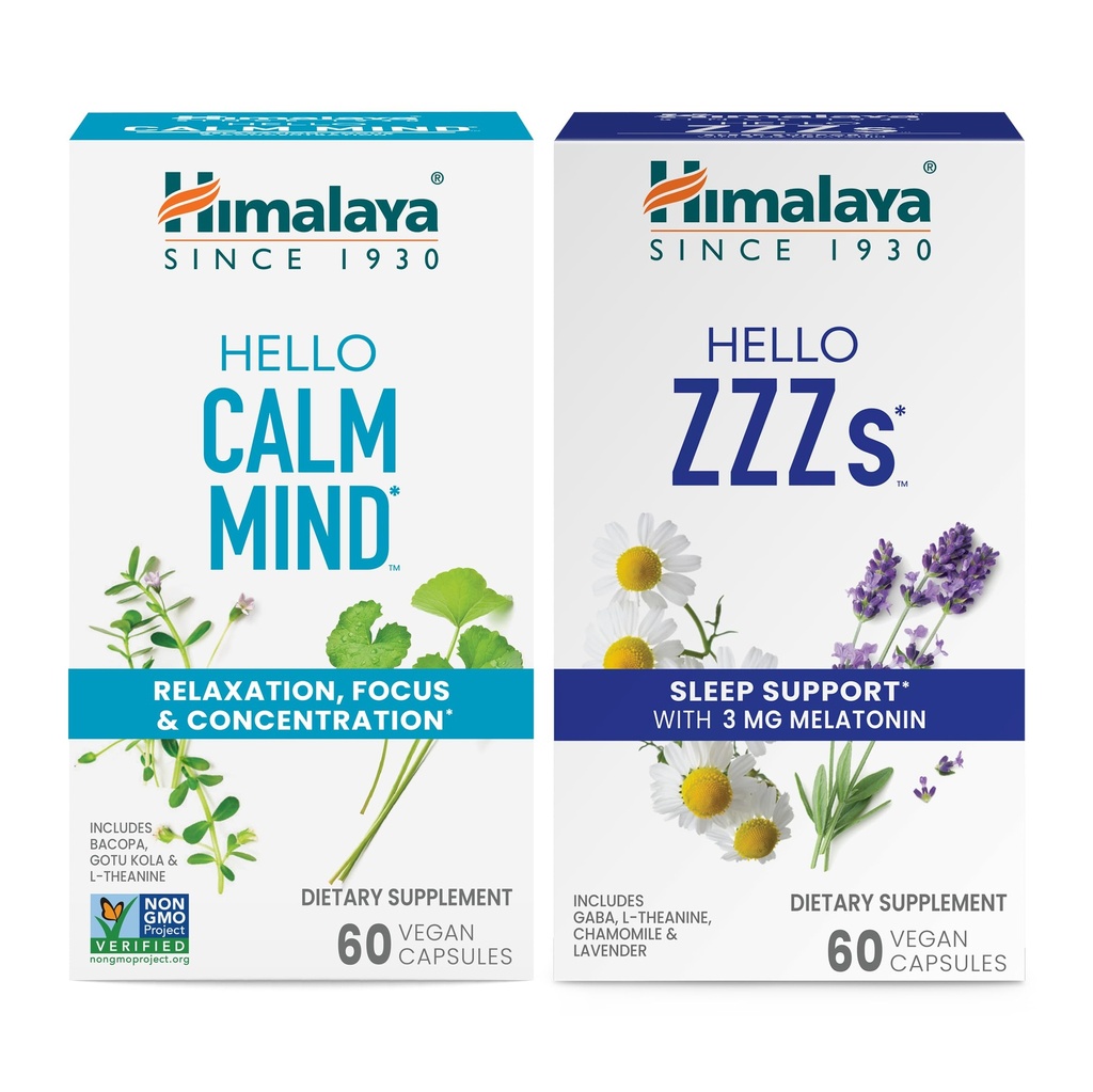 Himalaya Hello Calm Mind with Bacopa for Relaxation, Focus and Concentration & Hello ZZZs with Melatonin for Sleep Support, 60 Kapsule Each - Bundle