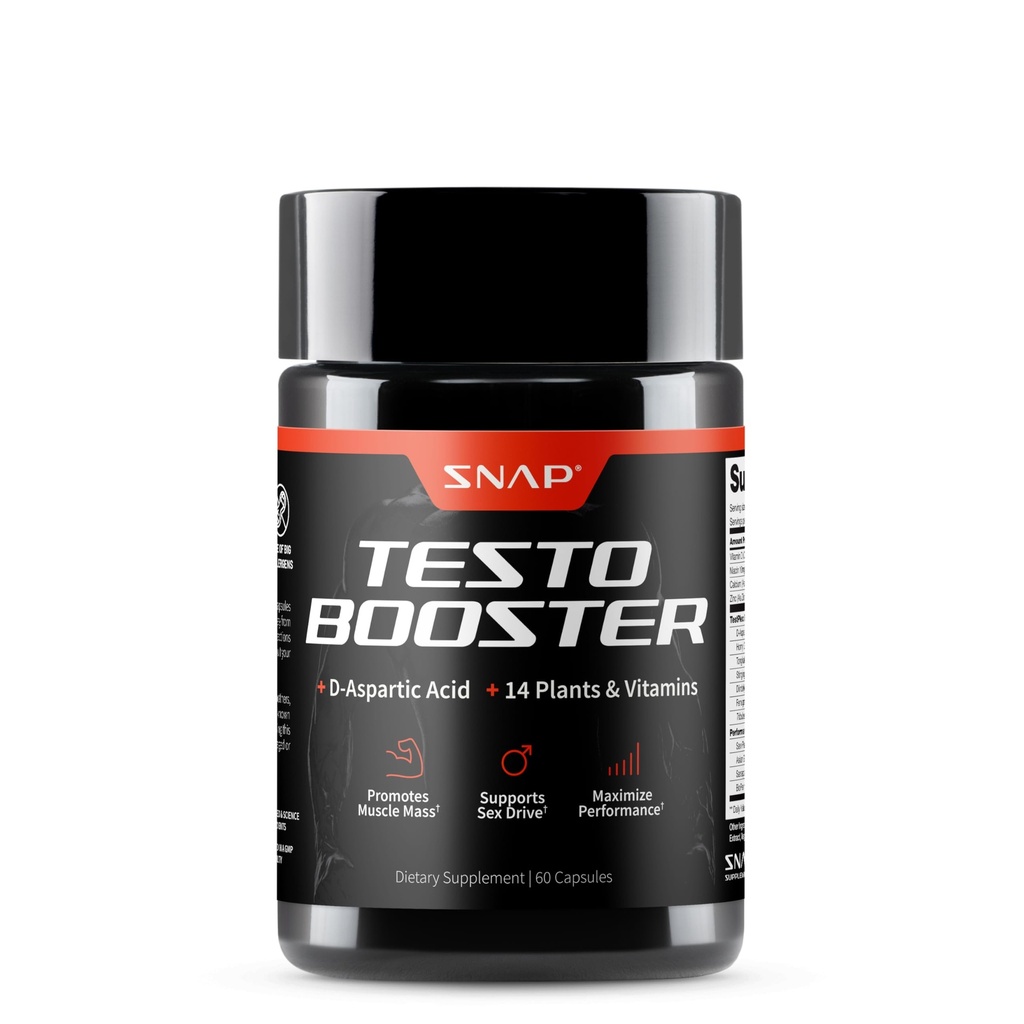 Snap Doplnky Testosterón Booster pre mužov - Podporuje rast svalov, Booster pre mužov, Zvýšenie prírodnej energie, Výdrž a sila, 60 Kapsule