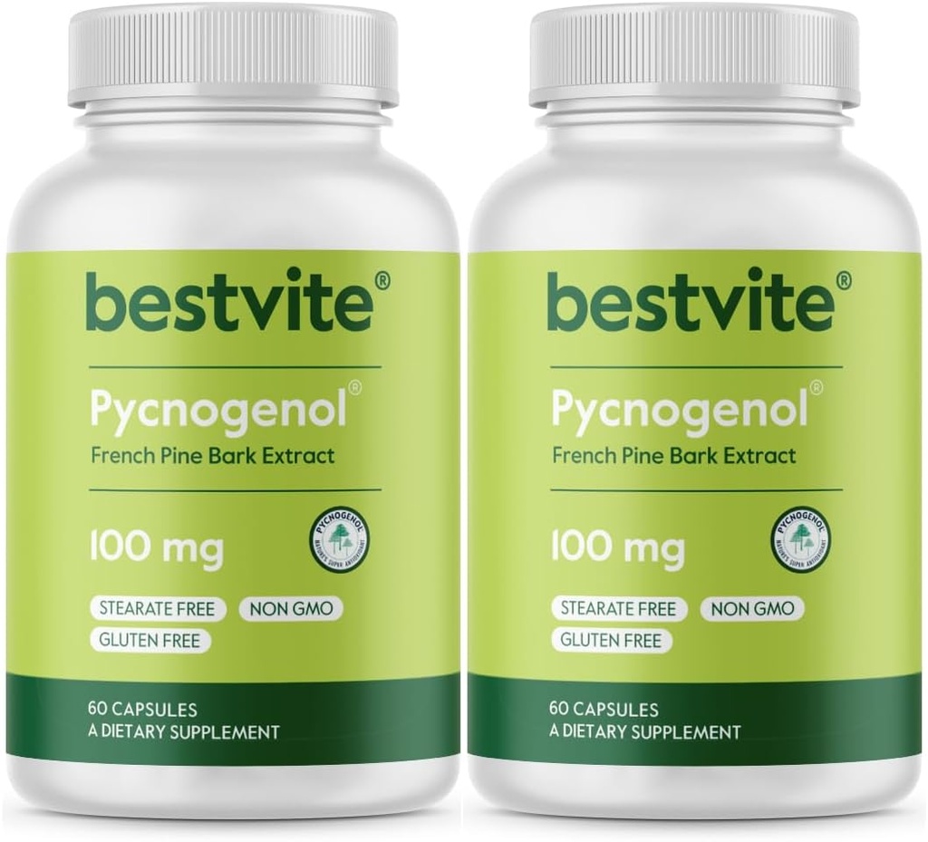 BESTVITE Pycnogenol 100mg (120 Kapsule) (60x2) - Francúzska námorná Pine Bark Extract - Žiadne stearáty - Gluten Free - Non GMO