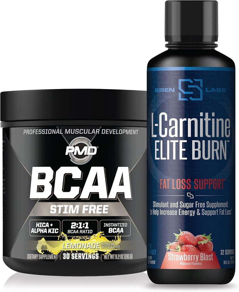 PMD Sports BCAA's Stim Free for Recovery and Performance Lemonade (30 Servings) & Siren Labs L-karnitín Elite Burn Fat Loss Support Strawberry Blast 3000 mg (32 Servings)
