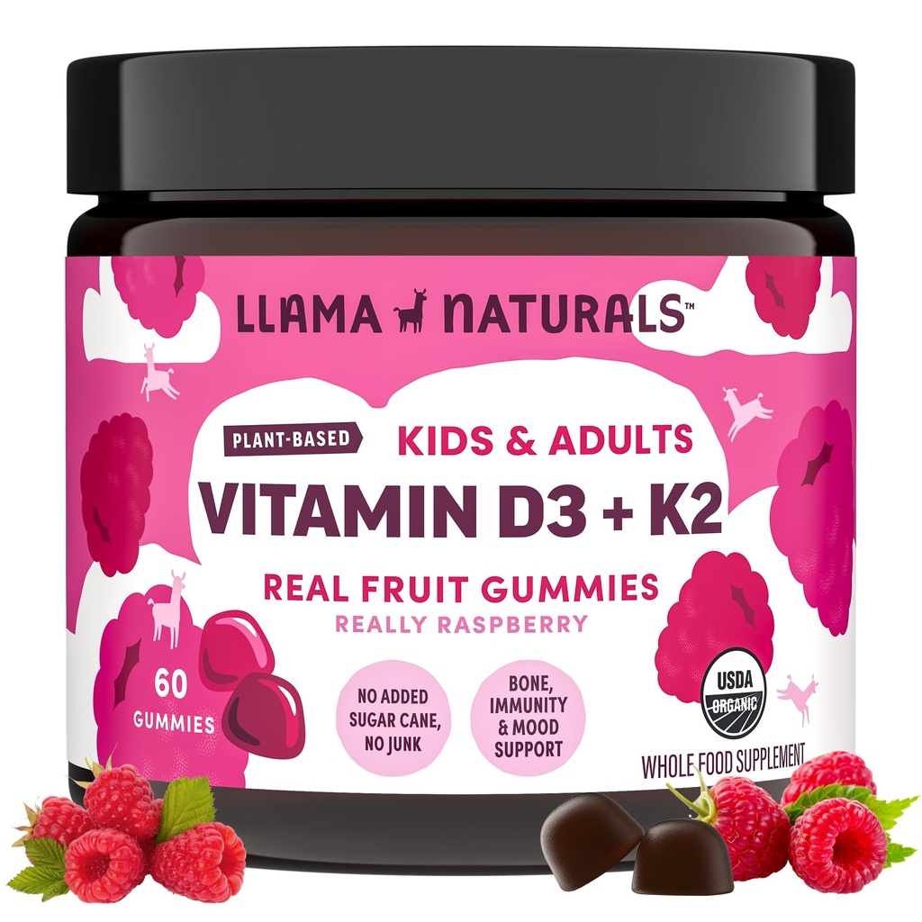 Llama Naturals Vitamín D3, Vegan, Organická imunita doplnok, vitamín D Gummy pre dospelých a deti, skutočné ovocie Gummy vitamíny, podporuje zdravie kostí, žiadny pridaný cukor trstiny, malina, 60 Ct