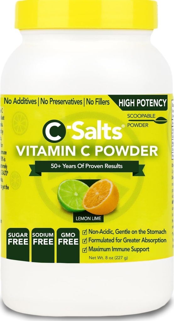 C-Salts vitamín C prášok doplnok - 100% čistá vysoká dávka pufrovaný vitamín C prášok na imunitnú podporu - organické, bez cukru, vegán, non-GMO, Žalúdok-Priateľne, citrónová lime 8oz