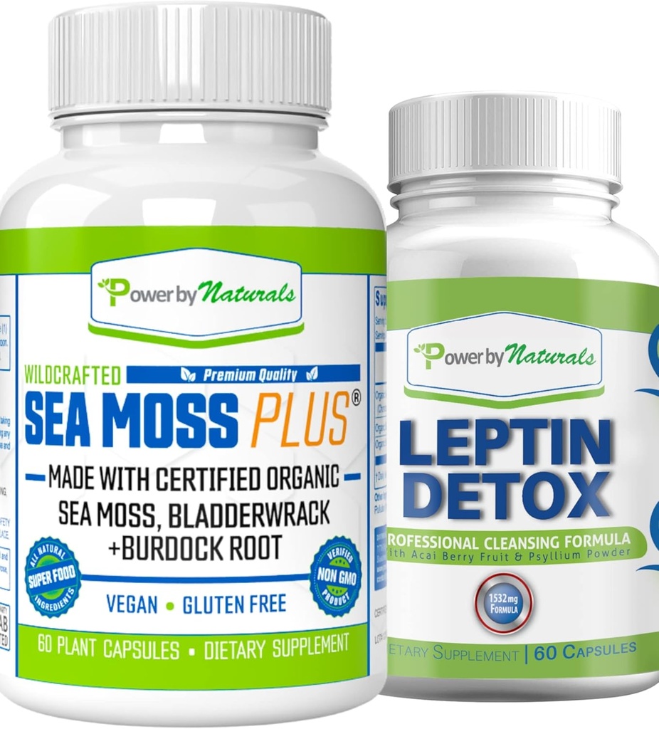 Power by Naturals: Organic Sea Moss a Leptin Detox Bundle - 60 Vegan Capsules Each - Plant-Based, Gluten-Free Supplement for Immune Enhancement and Natural Cleaning