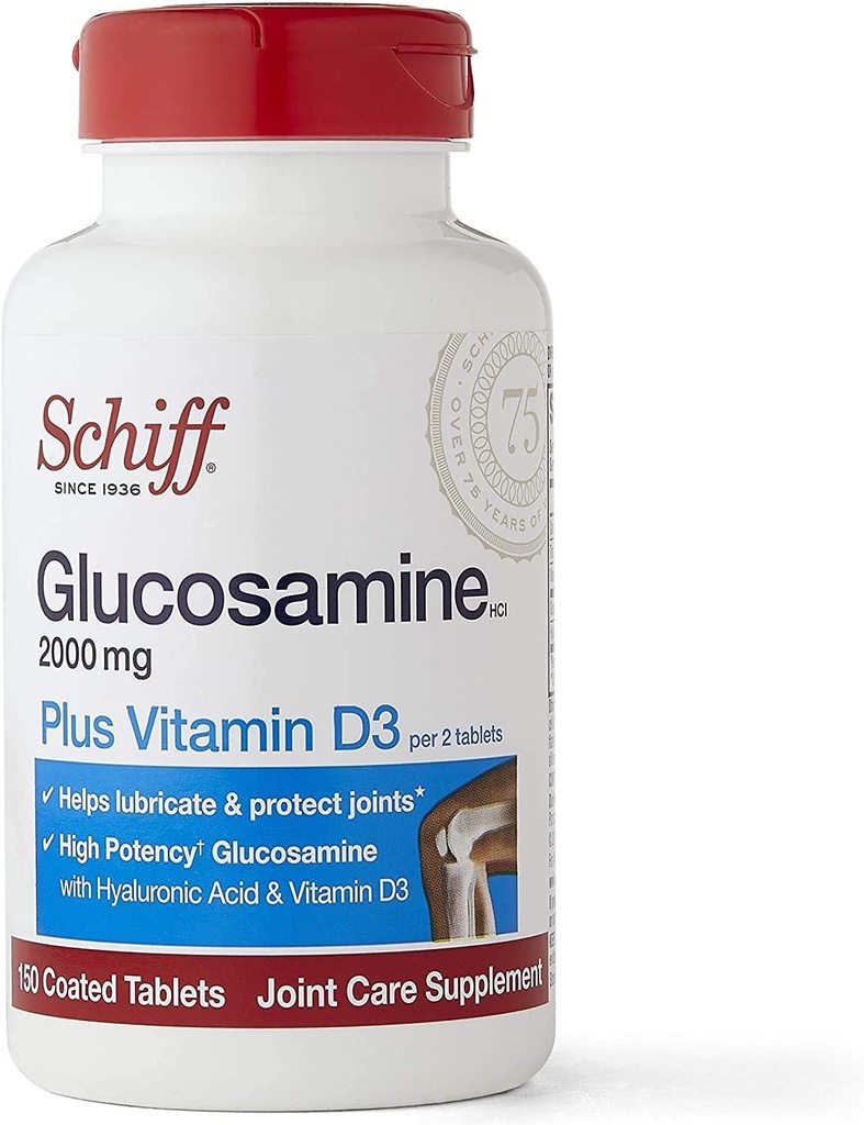 Schiff Glukozamín s vitamínom D3 a kyselinou hyalurónovou, 2000 mg glukozamínu, doplnok k spoločnej starostlivosti pomáha Lubricate & Chrániť kĺby*, 150 gróf (Stock of 2)
