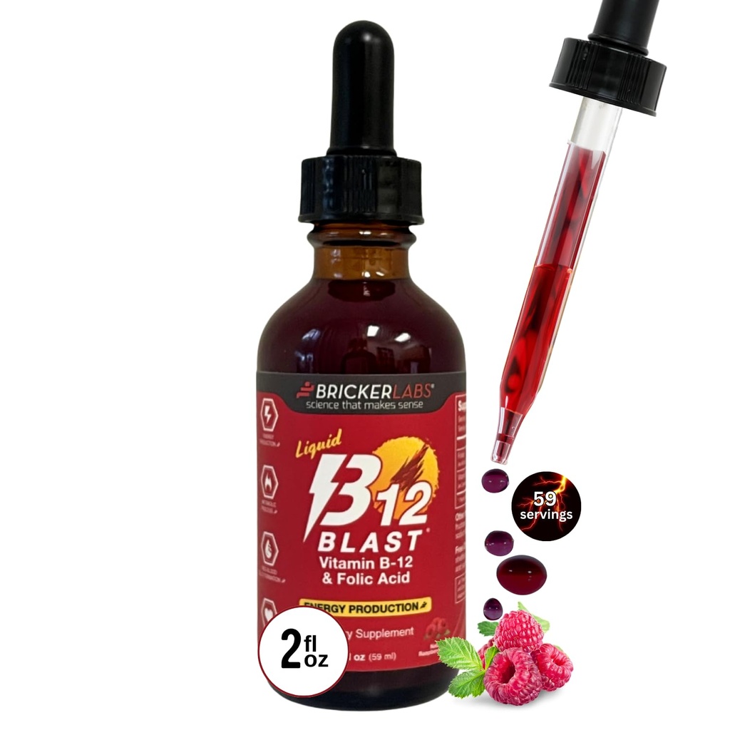 Bricker Labs B-12 Blast Tekutý vitamín B12 a kyselina listová doplnok, Podpora výroby energie, Veľká chuť Tekutý vitamín B12 Dietary Supplement in Natural Malinová chuť, 2 fl oz fľaša