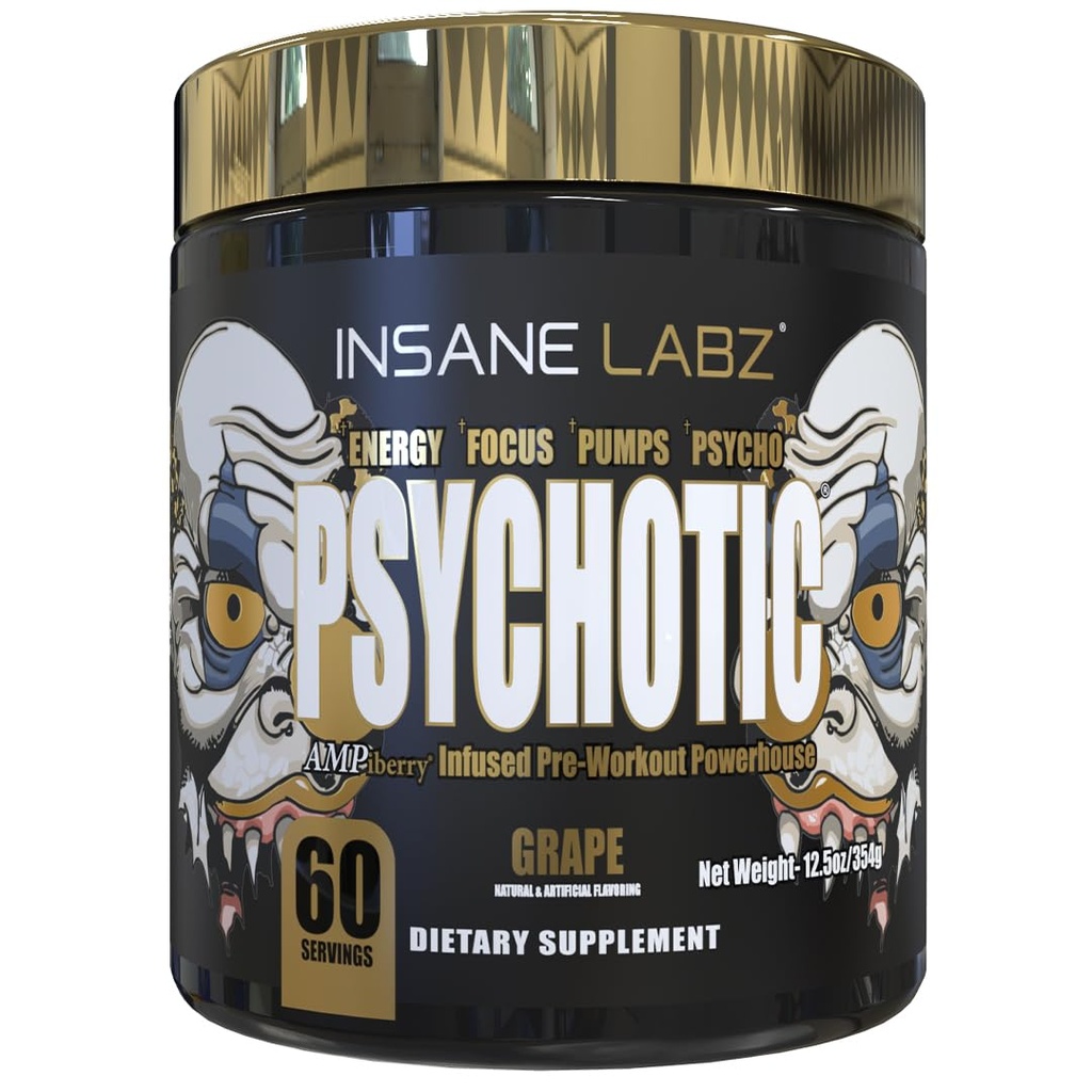 Insane Labz Psychotic Gold, High Stimulant Pre Cvičenie Powder, Extrémne Trvalá energia, Čerpadlá a vytrvalosť s Beta Alanyne, DMAE bitartrate, NO Booster (60 Servings, Hrozno)