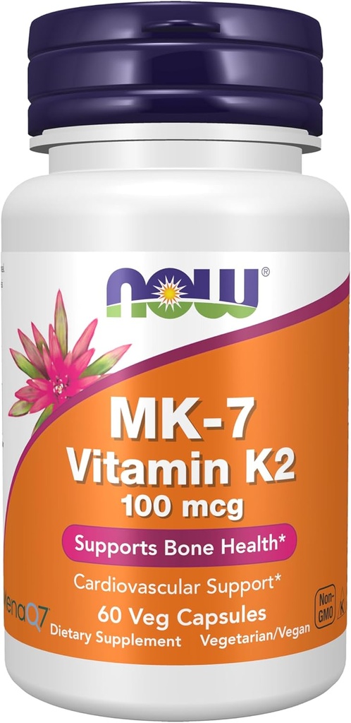 NOW Foods Supplements, MK-7 Vitamin K-2 100 mcg, Cardiovascular Support*, Supports Bone Health*, 60 Veg Capsules