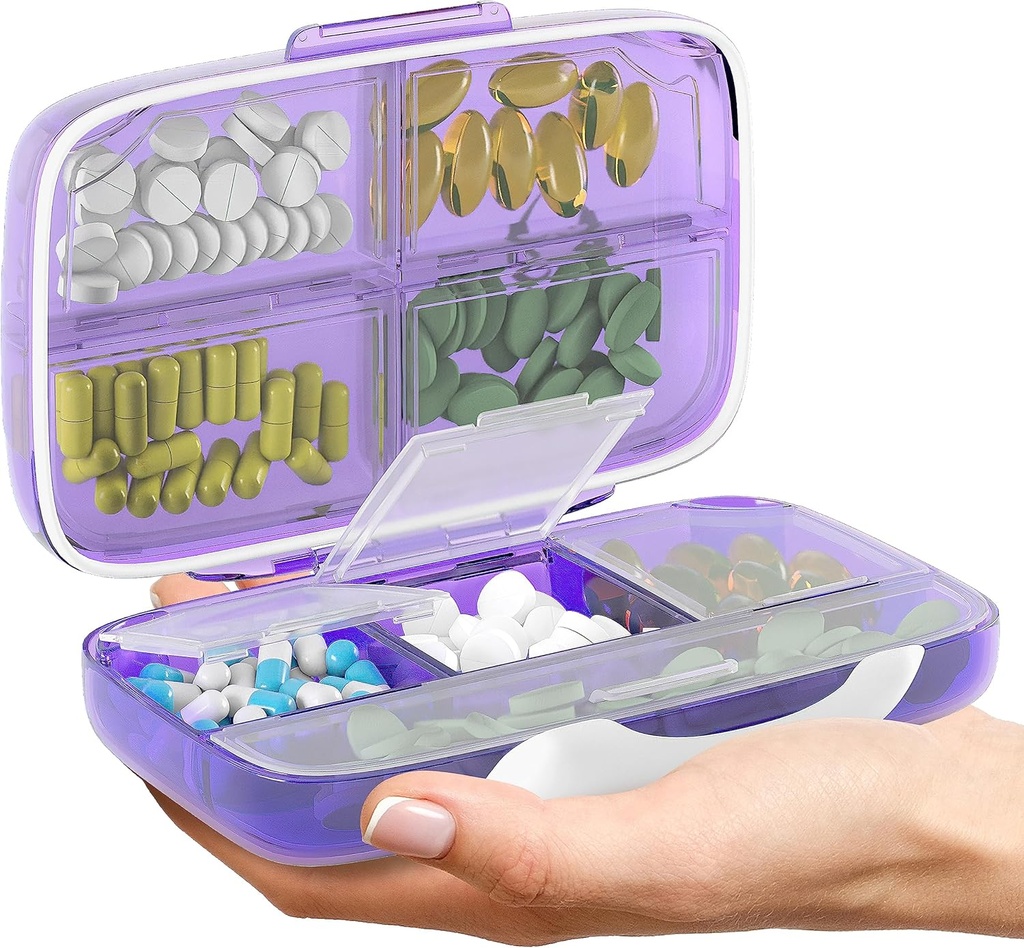 Travel Pill Organizátor - vzduchotesné lekáreň Prípad pre cestovanie Prenosné lekárnička Box s etiketami Vitamín Kontajner 8 Oddelenie Doplnkové lekáreň držiteľ Veľká kapacita denne (Purple)