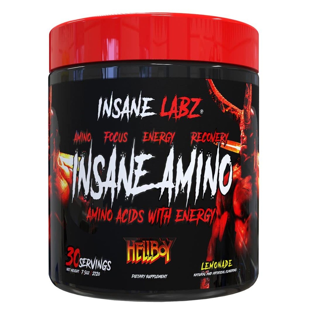 Insane Labz Insane Amino Hellboy Edition, BCAA with Energy Focus Muscle Recovery, Intra Workout Powder, 2 1 1 Branched Chain Acid Powder, 30 Srvgs, Lemonade