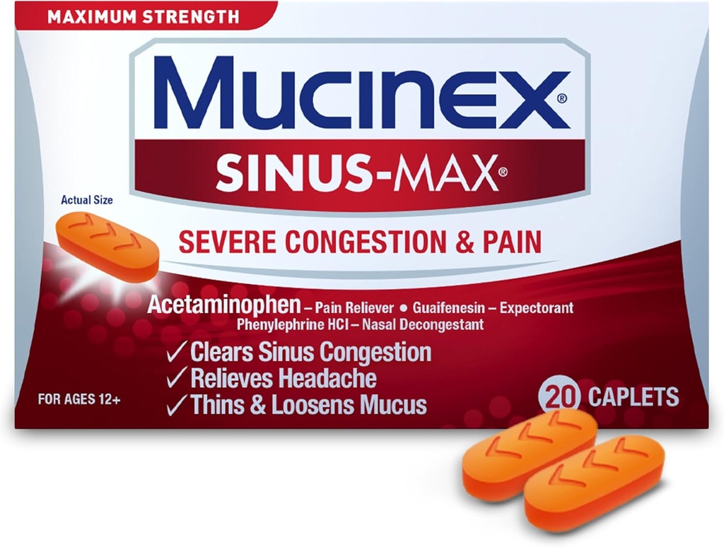 Mucinex Sinus-Max Relief ťažkých kongescií Caplets, 20 gróf