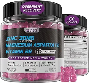 Zinok a horčík doplnok, Magnézium aspartát po tréningu Gummy pre mužov Ženy, s vitamínom B6, B12, D3, Turmerica pre nočné zotavenie, znížiť únavu, Boost imunita & spánok, 60 Počet