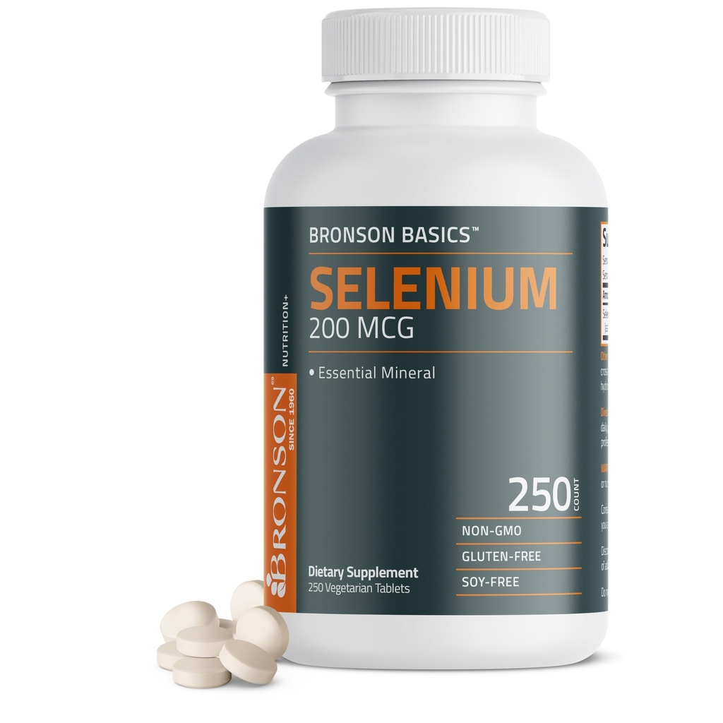 Bronson Selén 200 mcg Immune & Antioxidant Support Esenciálny minerál 250 Vegetariánskych tabliet
