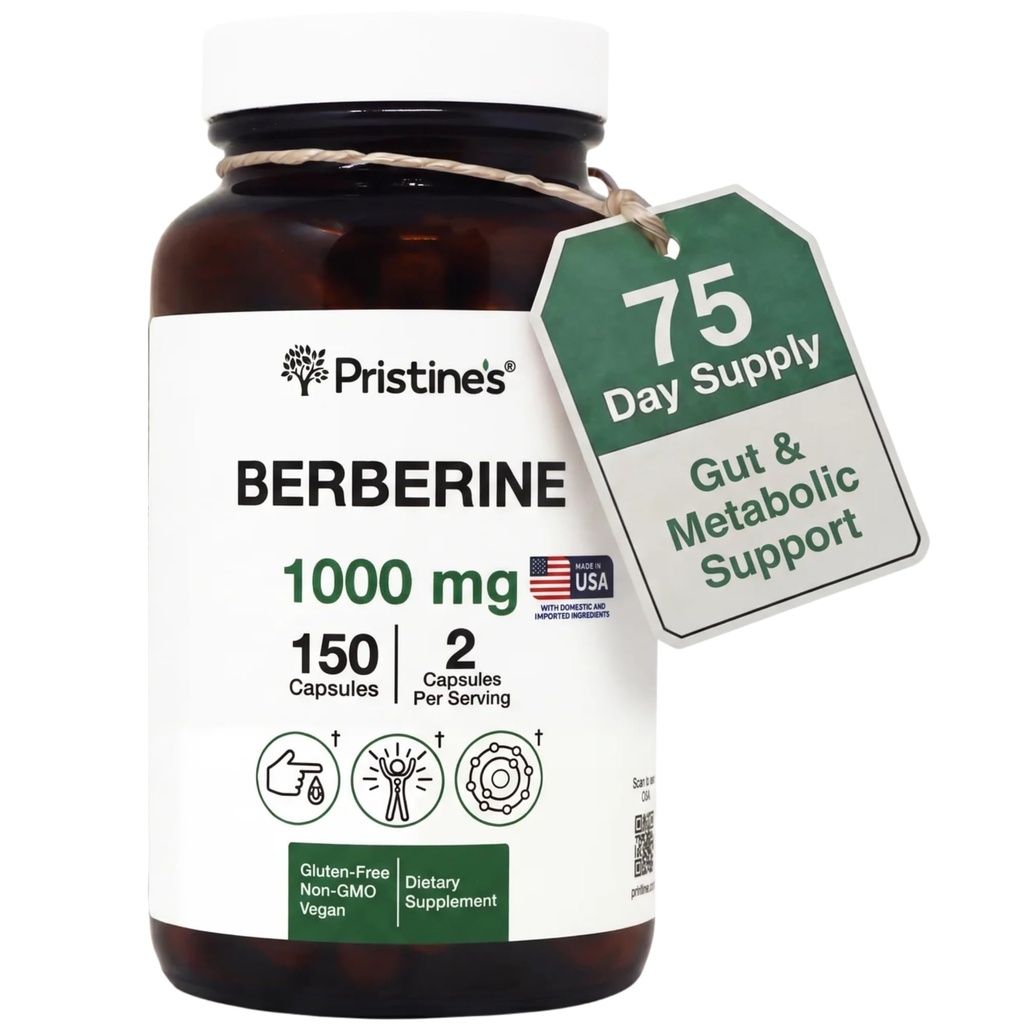 Pristinine Berberine Supplement Kapsule - 1000 MG 75 Day Supply 150 Kapsule - Heart, & Imunity Health Support Antioxidant - Tráviace Tract & Healthy Gut Flora Support