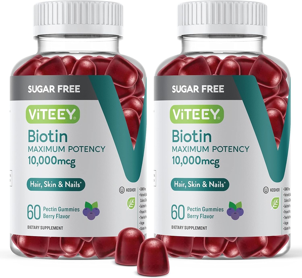 Viteey Biotin Gummies pre vlasy, kožu, a nechty 10 000mcg - bez cukru - rast vlasov Gummy, zdravá koža žiara, silný zdravý rast nechtov - Vegan, lepok zadarmo, želatína zadarmo - chutné Berry chuť
