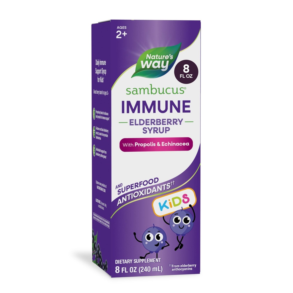 Nature's Way Sambucus Elderberry Immune Sirup for Kids Ages 2+, with Echinacea & Propolis, Immune Support Sirup*, Vegetarian, Berry Ochutené, 8 Fl Oz