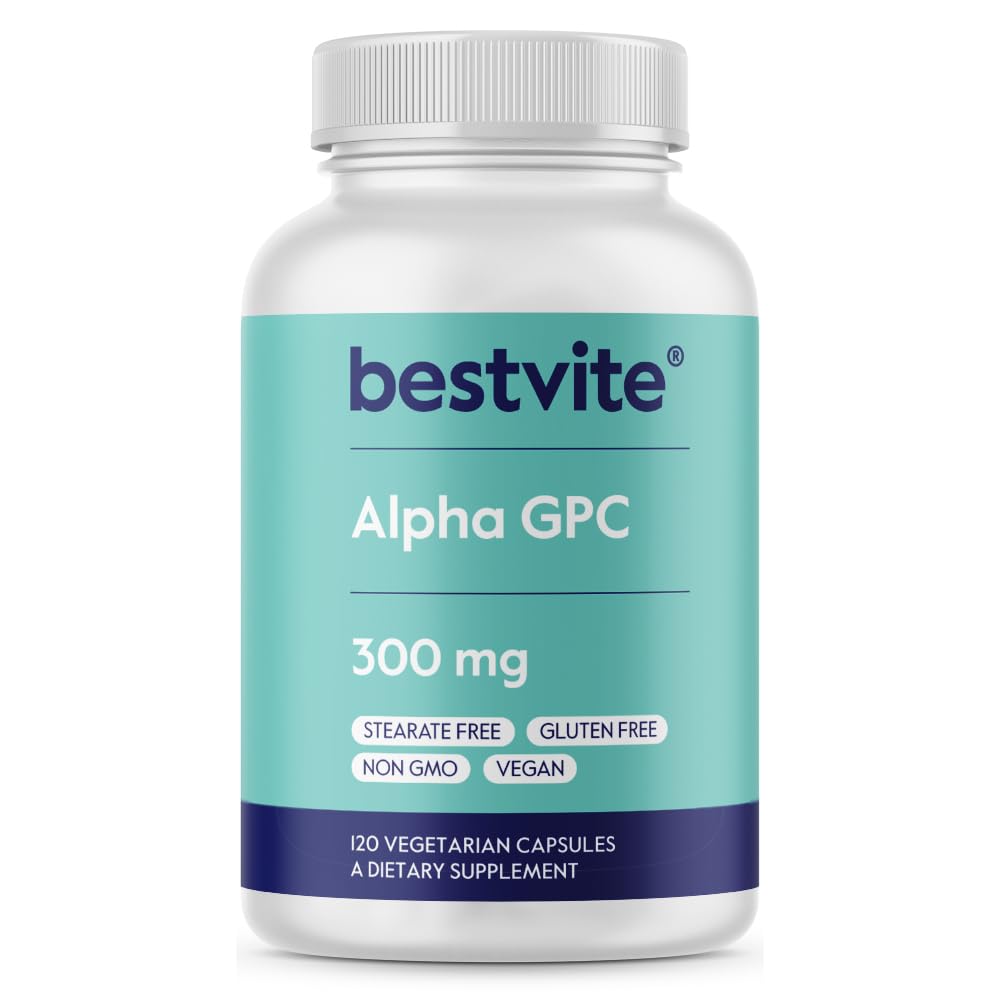 BESTVITE Alpha GPC Cholín 600mg Per Serving (120 Veggie Capsules) - No Stearates - Vegan - Non GMO - Gluten Free