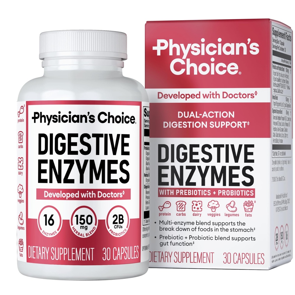 Digestívne enzýmy pre lekára - multienzýmy, hypromelóza, organické prebiotiká a probiotiká pre trávivé zdravie a zdravie vnútorností - Bloating & Meal time Discomfort - Dual Action - All Diets - 30 CT