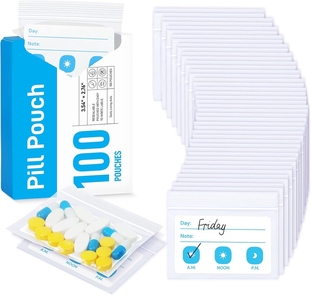 ZIKEE pilulky na cestovanie, opakovane použiteľné pilulky BPA zadarmo 2,75" x 3,54," Daily Medicine Bags with XL Capacity for 24 Fish Oils, Vitamín Organizátor s prispôsobiteľnou Write-on Area (100 count)