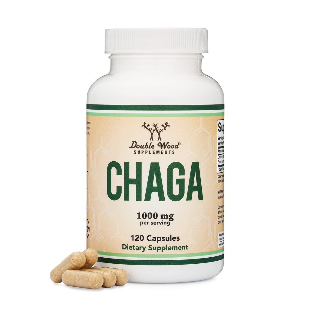 Chaga Huby Kapsule 120 Počet (1 000mg Chaga Huby Powder per Serving) Vysoká v Polysacharidy, Beta Glucans, a Terpenoids - Pestované a vyrobené v USA, Vegan Safe, Organic by Double Wood