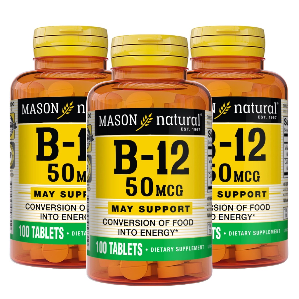 Mason prírodný vitamín B12 50 μg s vápnikom, 300, Denné dodávky, diétne doplnok k podpore prírodných energetických úrovní, 100 tabliet (Stock of 3)