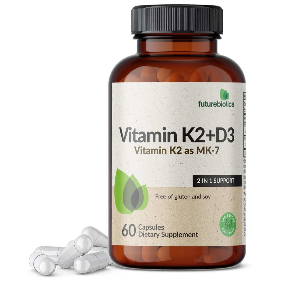 Futurebiotiká Vitamín K2 (MK7) s D3 doplnkom - NeGMO formula - 5000 IU vitamín D3 & 90 μg vitamín K2 MK-7, 60 vegetariánskych kapsúl