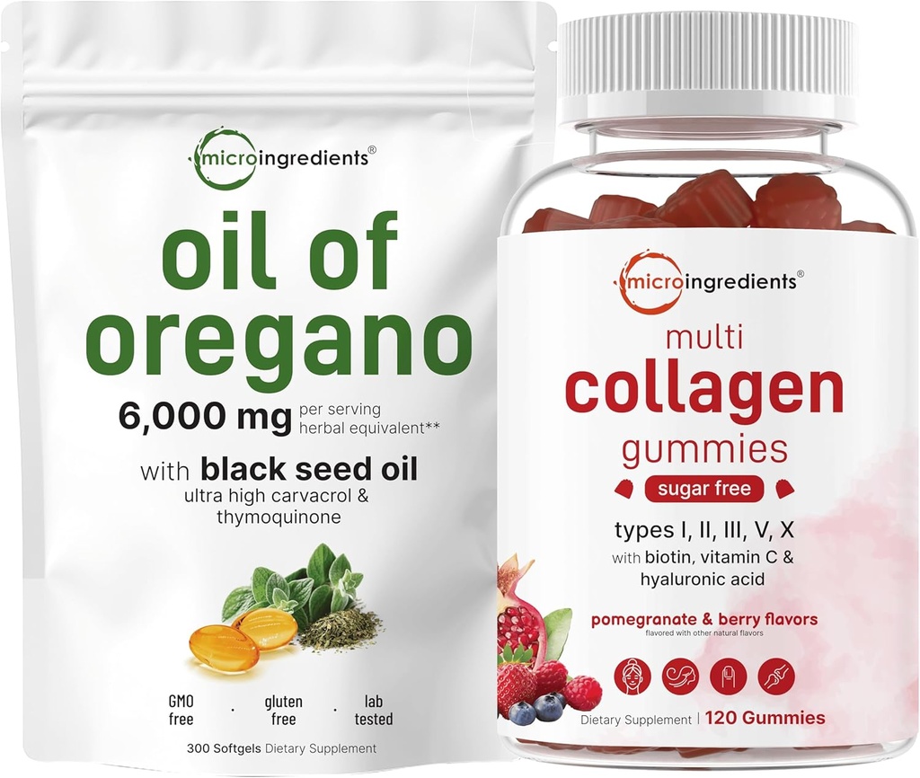 Micro Ingredients Oregano Softgels 6,000mg Per Serving & Multi Collagen Peptides Gummies Bundle Pack 
