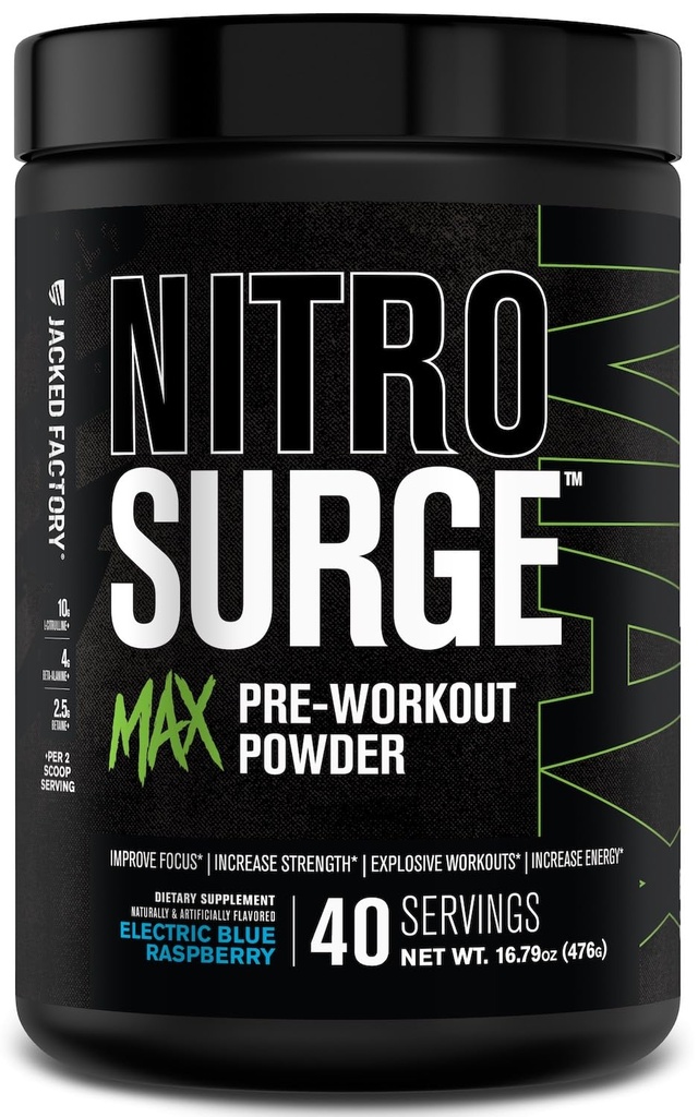 Jacked Factory Nitrosurge Max High Performance Pre Cvičenie Powder - Pre cvičenie w/Nootropic Ingredients pre intenzívne zaostrovanie, čerpadlá, plynulá energia, vytrvalosť - 40 Slúži, elektrická modrá malina