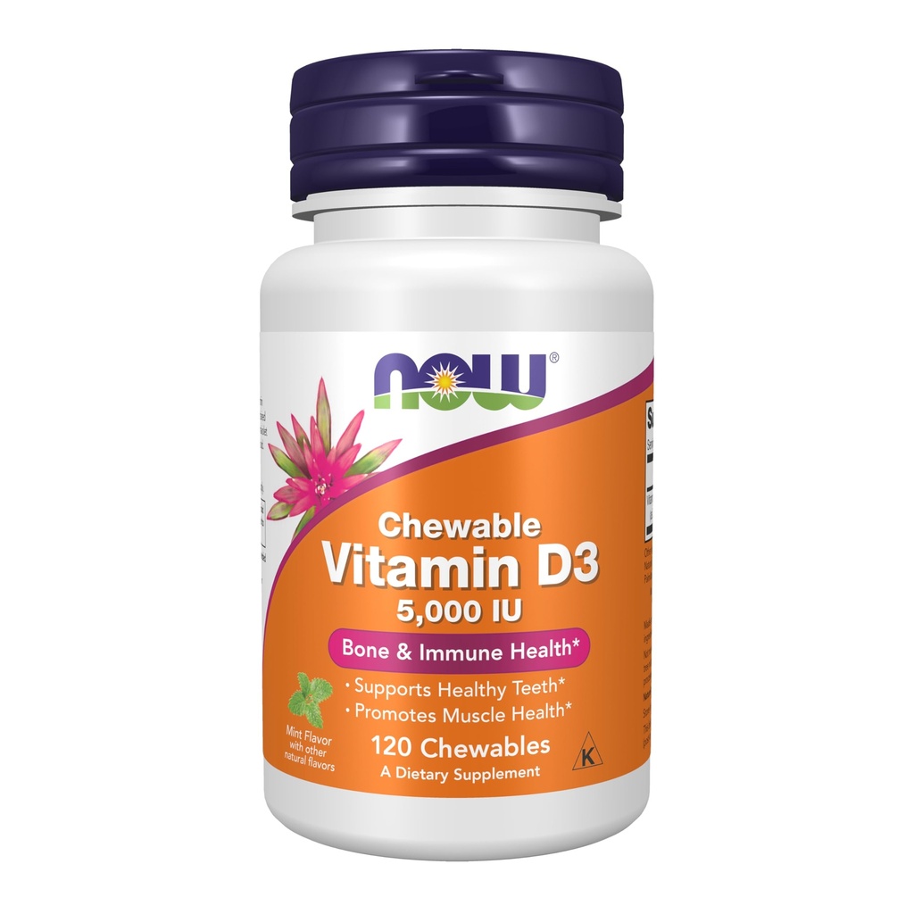 Teraz potraviny doplnky, vitamín D-3 5,000 IU, prírodná mätová chuť, štrukturálna podpora*, 120 žuvačky