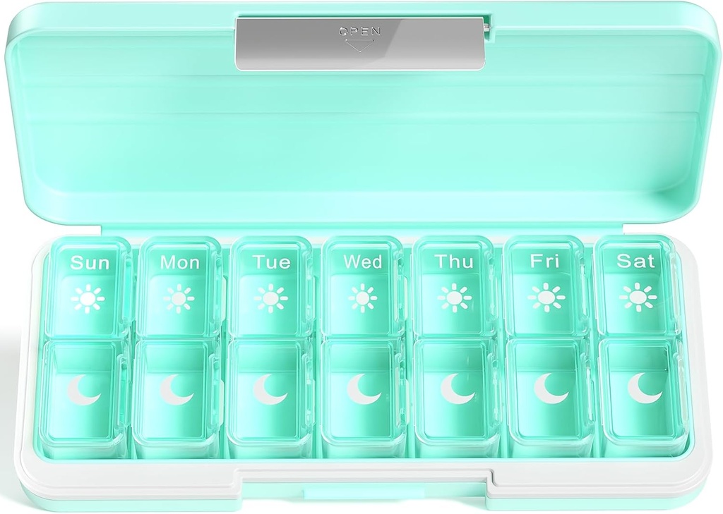 Zoksi Am Pm Organizátor 7 deň, Týždenné pilulky box 2 Časy denne, Medicína pilulky Organizátor s oddeleným oddelením, Cestovné pilulky Case Dispenser Prenosné pre vitamíny, Rybie oleje, Lieky [zelené]
