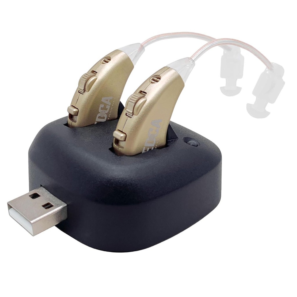 Digitálne sluchové zosilňovače - Dobíjateľný BTE osobný zosilňovač zvuku pár s USB dock - Premium Gold Behind the Ear Sound Amplification - NewEar