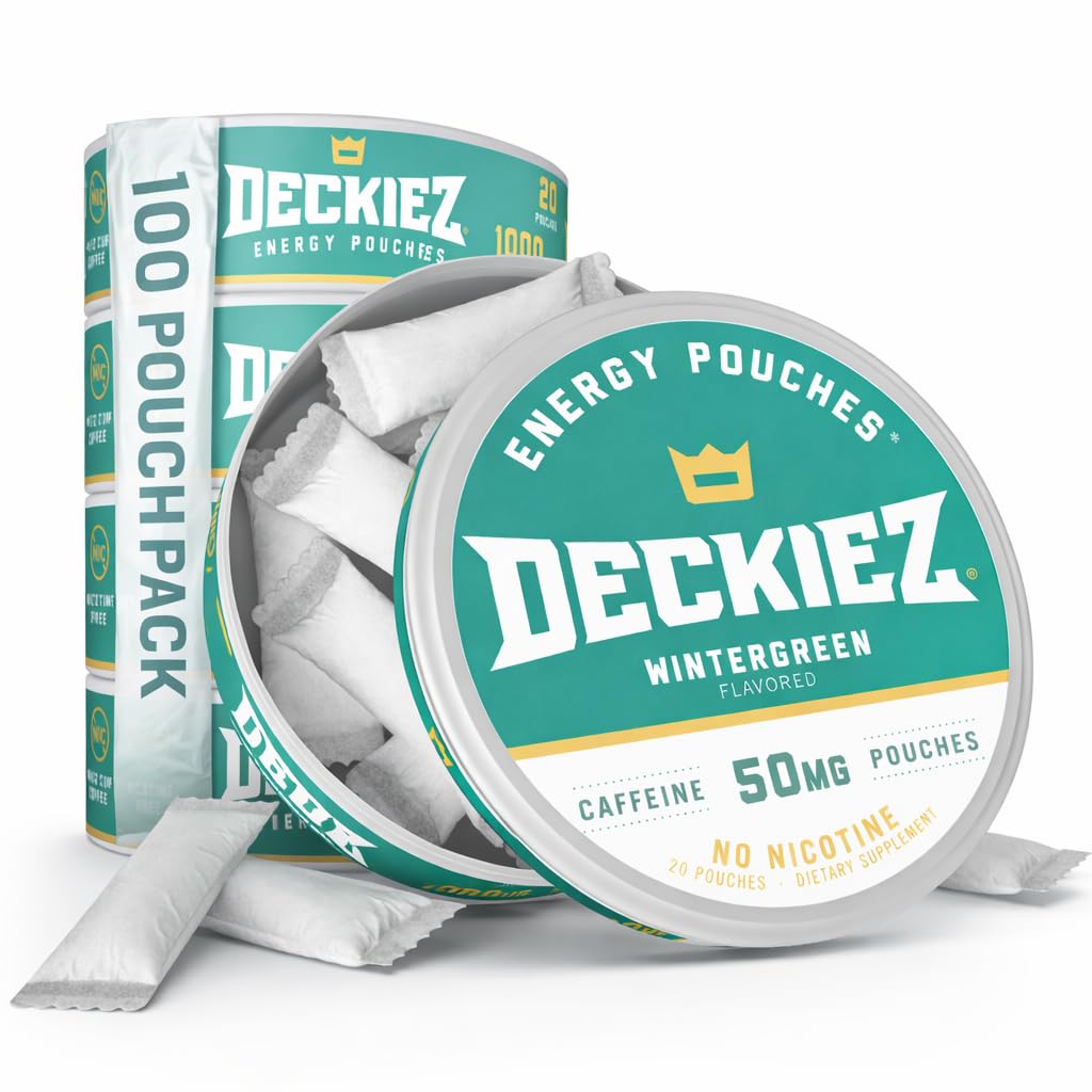 Deckiez Energy Pouches, 5 plechoviek (100 pouchov), Supplement Cugar Free Caffeine, Coffee Pouches & Energy Drink Alternatíva, 50mg Caffeine Pouches, Wintergreen Flavor