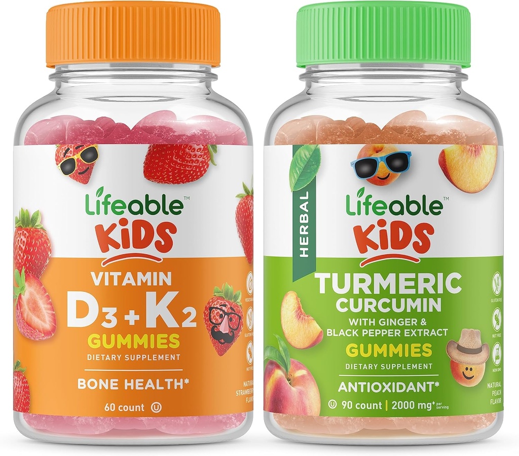 Životaschopný vitamín D3 + vitamín K2 Deti + kurkumín deti, Gummies Bundle - veľké ochutnávky, vitamín doplnok, bez lepku, bez GMO, Žuvacia Gummy