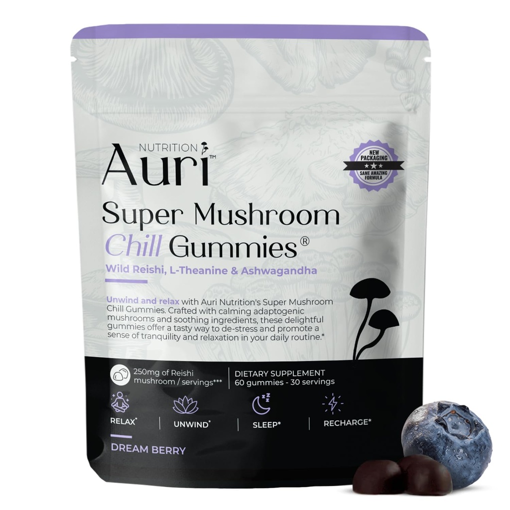 Auri Super Huba Chill Gummies - Prírodné upokojujúce pomoc a zníženie stresu doplnok pre dospelých w/Reishi Huba, Ashwagandha, L-Theanine - Unwind Mind & Harmonize Your Day - 60 Pokojné Gummies
