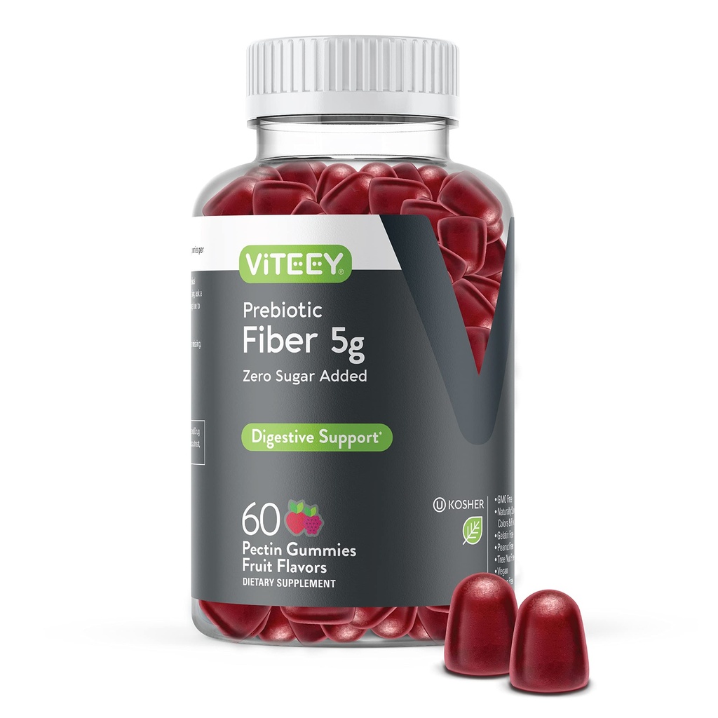 Viteey Prebiotické Fiber Gummy pre dospelých, 5g - Gut Zdravie a trávenie Rozpustné Fiber Supplement Gummies - Zero Sugar Pridané, Vegan, Gluten-Free - 60 Počet