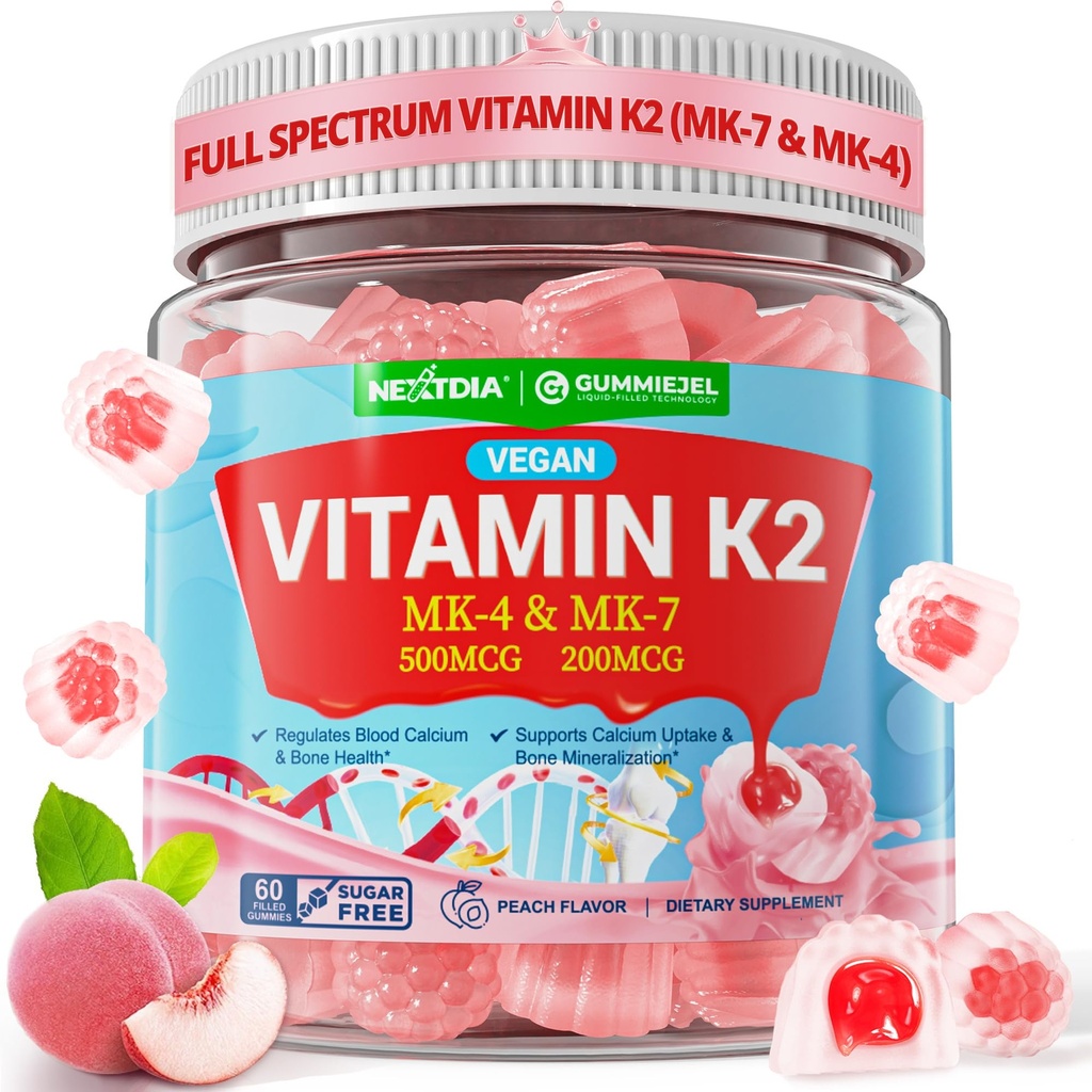 Vitamín K2 Gummies MK-7 200 mcg & MK-4 500 mcg pre ženy a mužov bez cukru, dokonalé 2-IN-1 plnospektrálne vitamín K2 doplnok pre kosti, He-art, podporuje vstrebávanie vápnika, mozog, zuby, imunitné,1Pack