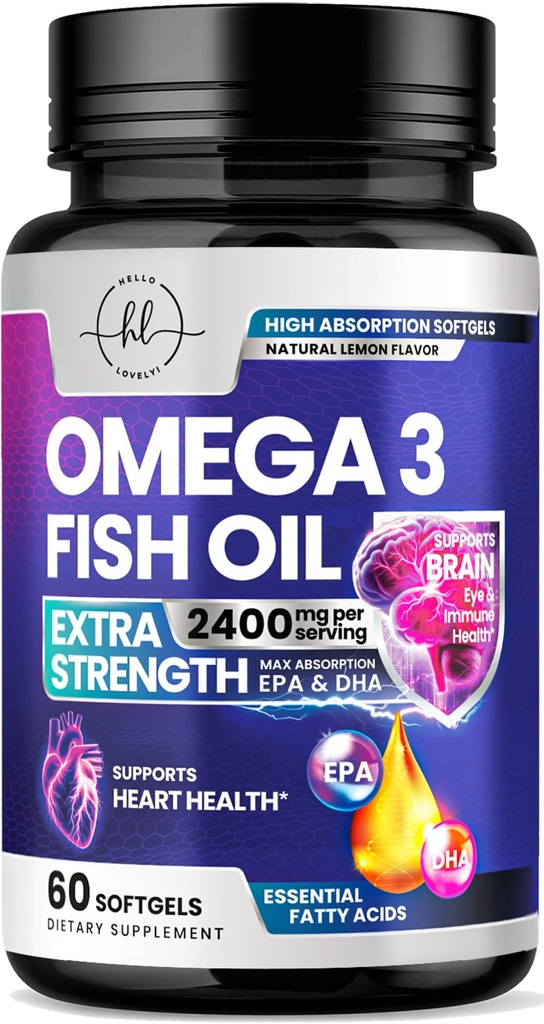 Omega 3 Rybí olej doplnky 2400mg - Trojitá sila Omega 3 mastné kyseliny, prírodné zdravie srdca mozog a spoločná podpora - mastné kyseliny s EPA & DHA - Wild Caught Fish Oil Supplement - 60 Softgels