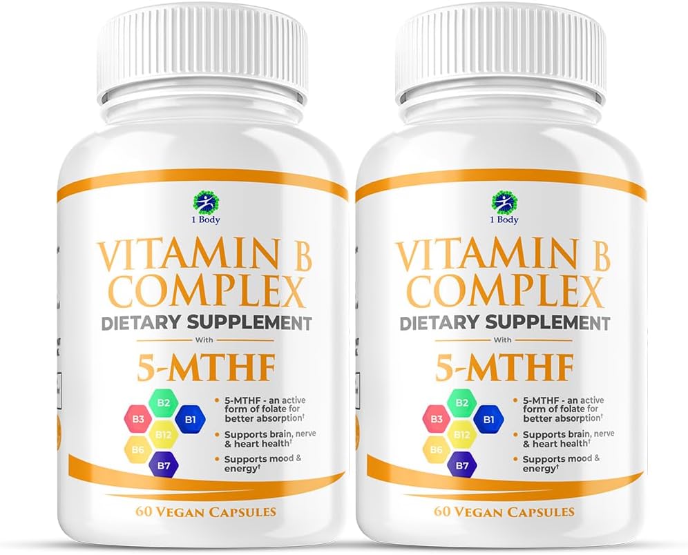 1 Body Vitamin B Complex Twin Pack – 5-MTHF Folate with B1, B2, B5, B6, Methyl B12, Niacin, Biotin – 60 Capsules Each